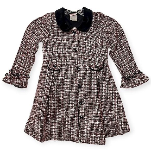 Nannette Kids Red Black Tweed Button Christmas Dress Coat w/ Velvet Collar Sz 5 - Picture 1 of 11